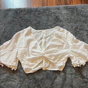 SHEIN Cream 3/4 Sleeve Crop Blouse with Tie Front